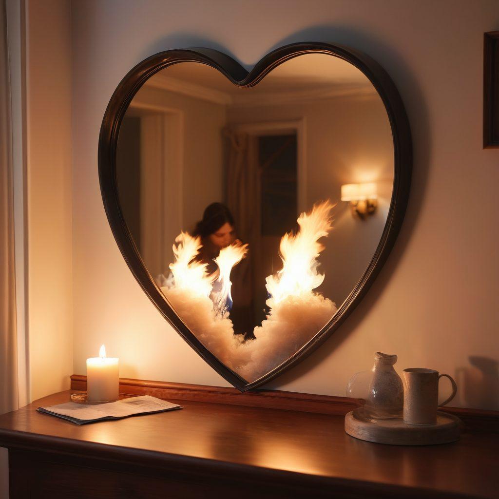 A romantic couple in a softly lit room, their eyes locked in a deep hypnotic gaze, surrounded by warm candlelight and swirling soft colors. Ethereal wisps of smoke symbolize the merging of their passions and intimacy, creating a dreamy atmosphere. Include subtle elements like a heart-shaped mirror and a gently flickering flame to represent warmth and connection. super-realistic. soft pastels. warm tones.