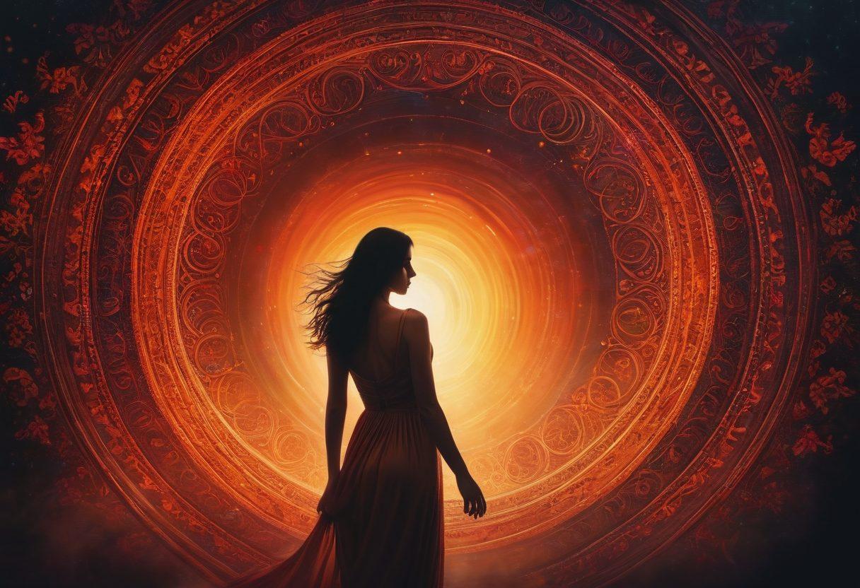 An ethereal scene depicting an enigmatic figure performing hypnotic gestures, surrounded by swirling, colorful patterns that symbolize deep emotional connections. Subtle silhouettes of faces manifest in the background, illustrating various emotions like joy, yearning, and intrigue. Soft, warm lighting enhances the magnetic atmosphere of seduction and mystery. The overall composition exudes a sense of psychological depth and allure. super-realistic. vibrant colors. mystical ambiance.